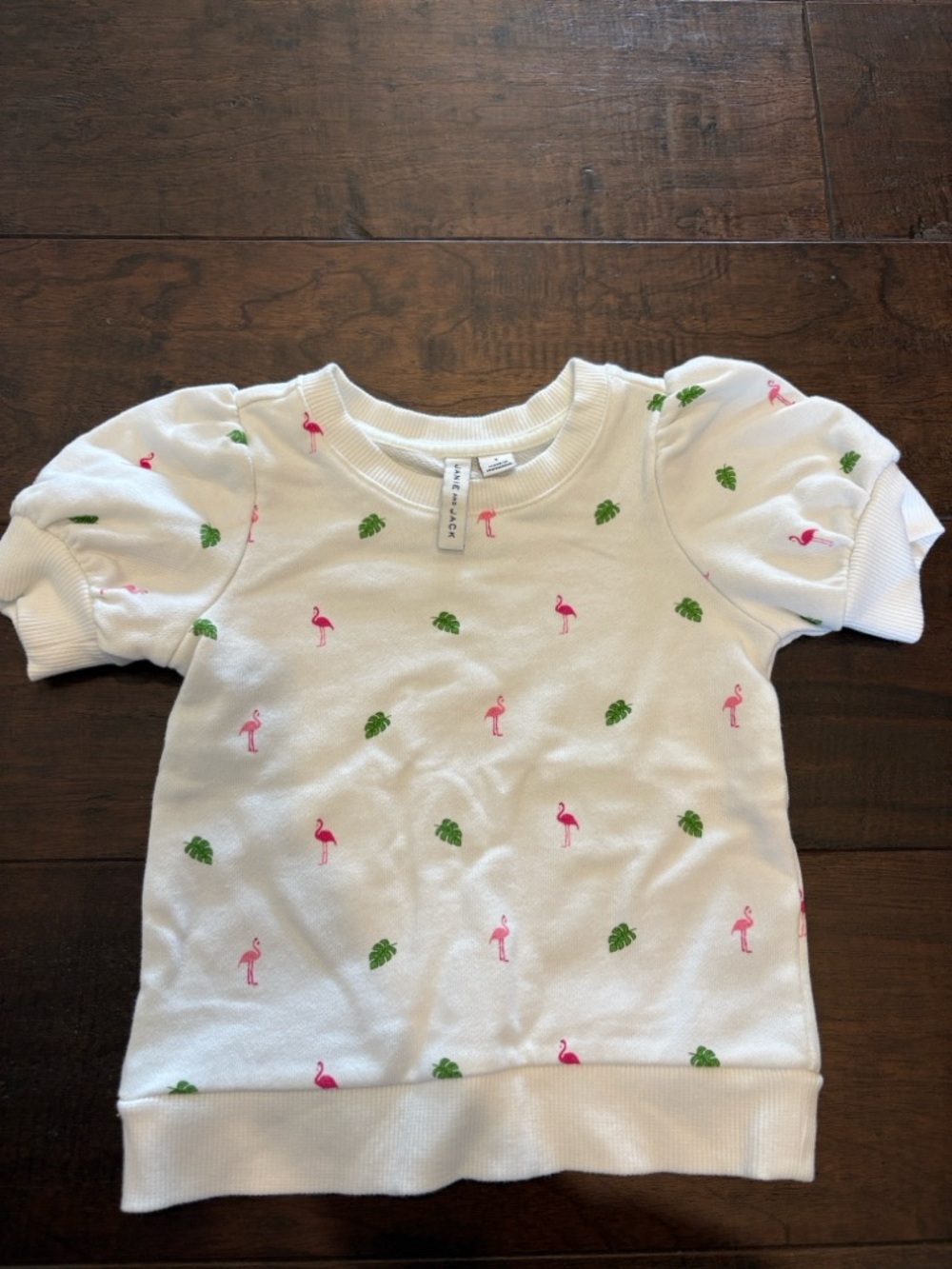 Janie and Jack White Puff-Sleeve Top with Pink Flamingo and Green Leaf Print
